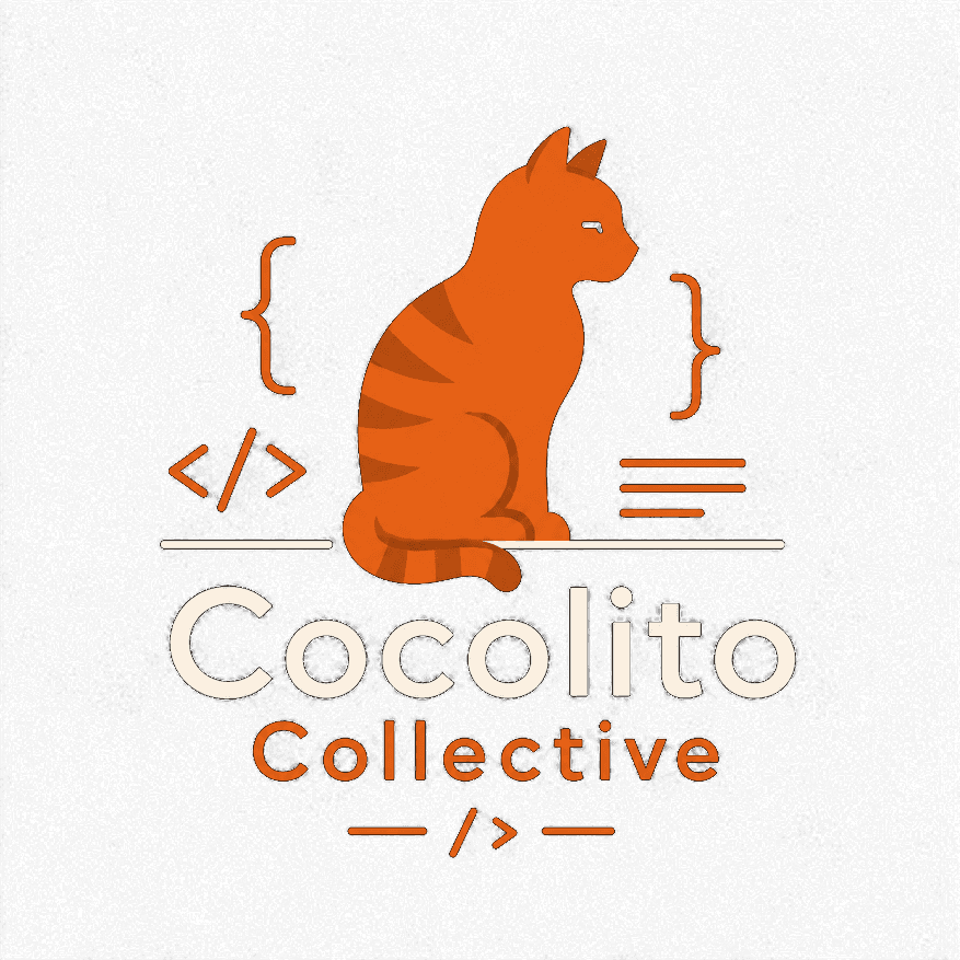 Cocolito Collective — an orange cat sitting on a shelf line, framed by code brackets