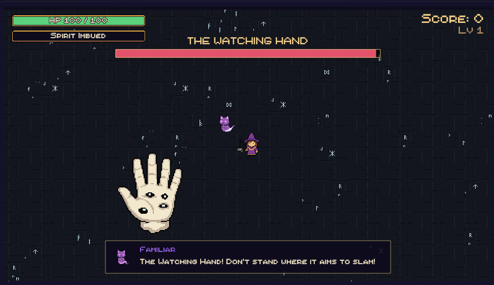 Familiar Frenzy gameplay — the witch and her ghost-cat familiar facing the Watching Hand boss in the dungeon arena.