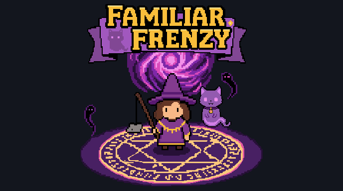 Familiar Frenzy cover art — a witch in a purple hat and robe stands on a glowing rune circle before a swirling purple portal, with her translucent ghost-cat familiar beside her and the game's logo on a banner above.