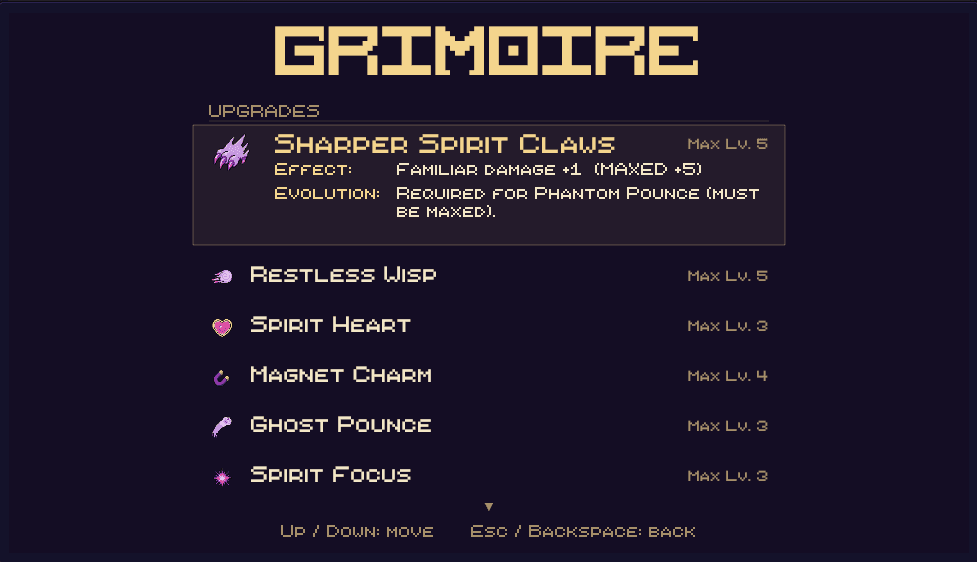 The Grimoire screen listing familiar upgrades and evolutions.