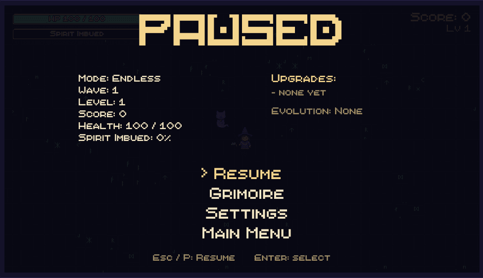 The pause screen showing run stats — mode, wave, level, score, and health.