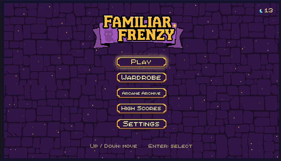Familiar Frenzy title screen showing the game logo and main menu.