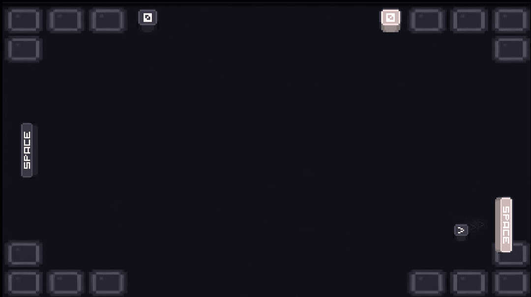 Key Pong gameplay — the ball nears the right spacebar paddle while morphing into a different key, on a dark board ringed with keycaps.
