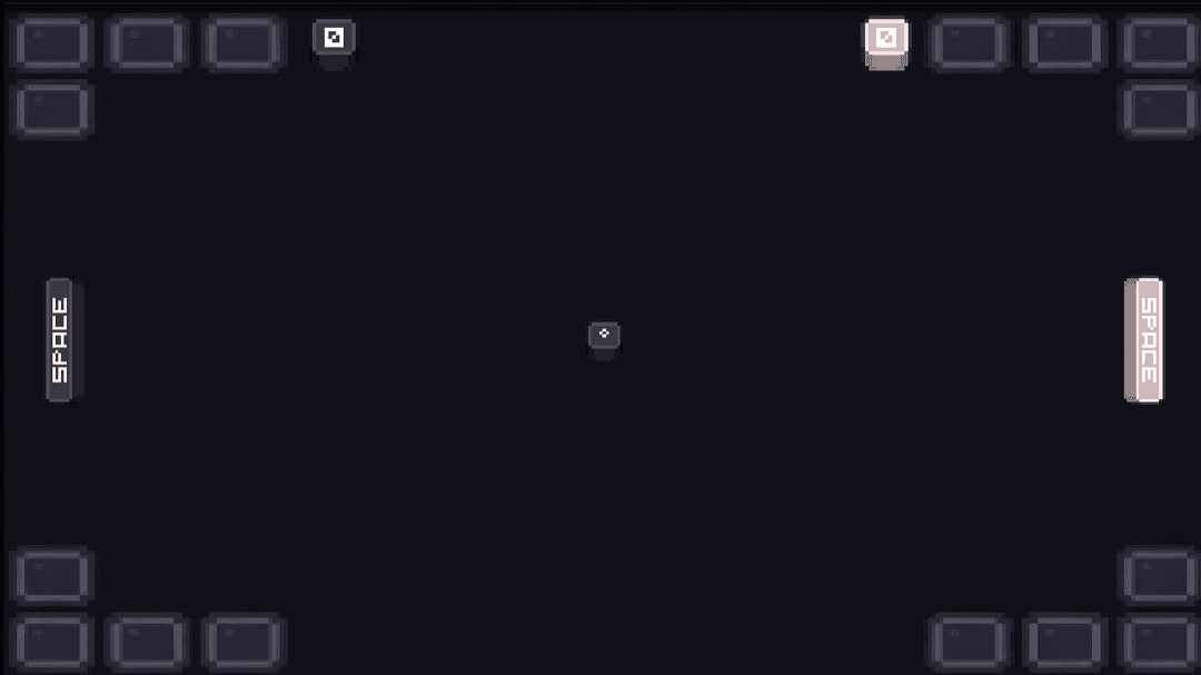 Key Pong gameplay — two spacebar-shaped paddles face off across a dark board lined with keycaps as the ball travels down the center.