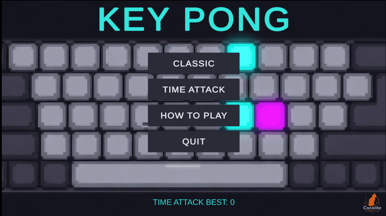 Key Pong title screen — the neon 'KEY PONG' logo over a mechanical-keyboard background, with Classic, Time Attack, How to Play, and Quit menu options and glowing teal and magenta keys.