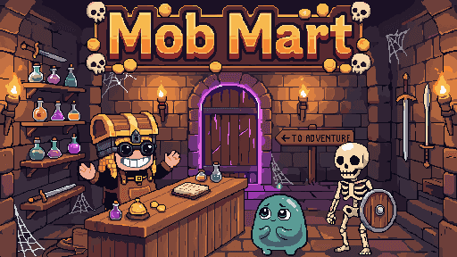 Mob Mart cover art — a grinning mimic merchant with a treasure-chest head stands behind a shop counter in a torch-lit dungeon store, a slime and a skeleton customer waiting near a glowing purple battle door marked To Adventure, with the Mob Mart logo above.