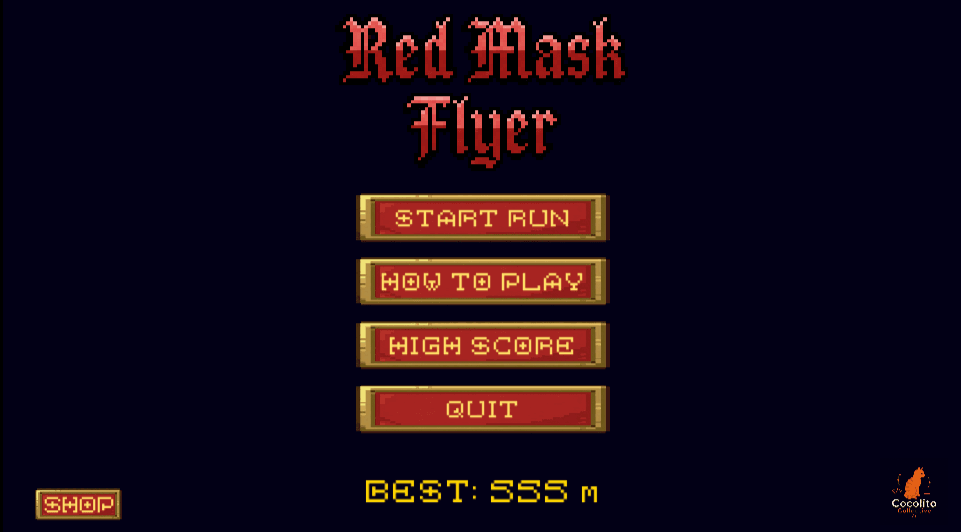 Red Mask Flyer title screen — the ornate red 'Red Mask Flyer' logo on a dark background above Start Run, How to Play, High Score, and Quit buttons.