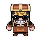 Pixel art animation of Bob — a Mob Mart employee with a treasure-chest head, round glasses, and a big toothy grin.