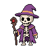 Pixel art attack animation of the Bone Mage — a skeleton in a purple wizard hat and robe casting with a staff.