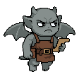 Pixel art animation of Greg — a grumpy gray gargoyle Mob Mart employee with bat wings and a satchel.