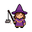 Pixel art idle animation of the witch — the player character of Familiar Frenzy, in a purple hat and robe, dangling a mouse from a fishing pole to direct her familiar.